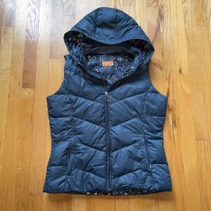 Lucy Puffer‎ Vest Womens M Gray Blue Quilted Hooded Duck Down Zip Pockets Warm